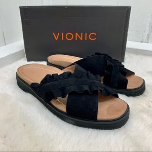New! Vionic Azalea Leila Black Suede Ruffle Slide Sandals Size 7.5
